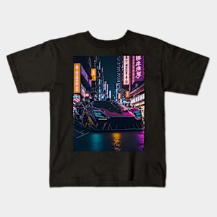 Dark Neon Sports Car in Japanese Neon City Kids T-Shirt